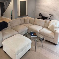 Stunning Sectional Sofa With Ottoman Ivory Corduroy 
