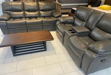 Holiday sale. Madrid, gray leather reclining sofa and loveseat set only $1299. Easy finance option. Same-day delivery.