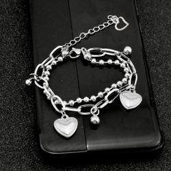 Stainless Steel Layered Chain Bracelet w 18k Gold Plate Heart Charms-Adjustable