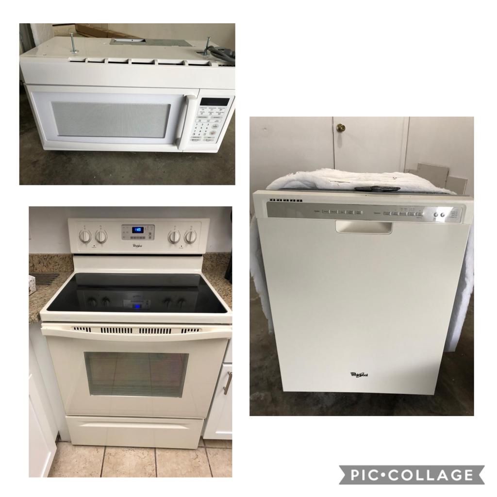 Kitchen appliances, color white, Whirlpool, cocina, microonda y dishwasher nuevos