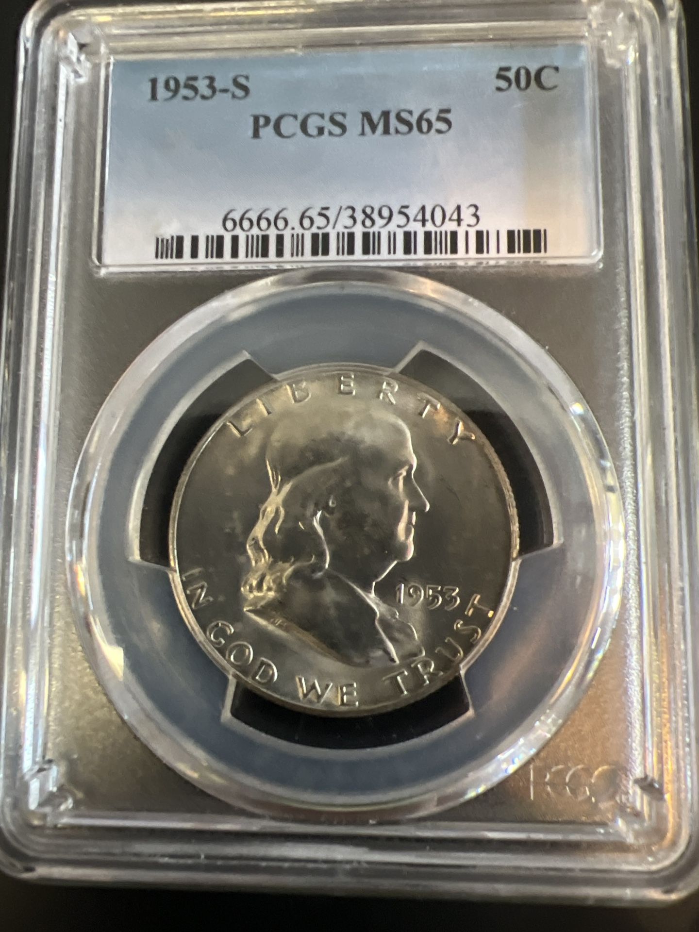 1953-S Franklin Half Dollar, graded MS65 FBL by PCGS: