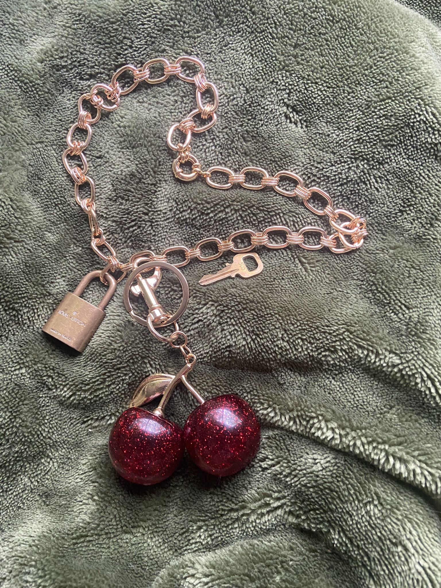 Authentic Louis Vuitton Lock & Key #305 With Unbranded 18” Adjustable Chain With Unbranded Cherry Bag Charm/Key Chain