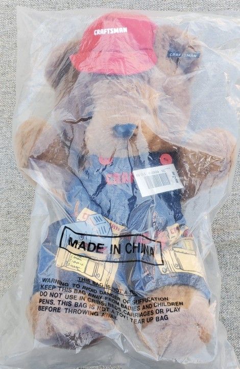 New - Craftsman Sears Teddy Bear Plush Denim Overalls Tool Belt Design Red Hat 12” Tag