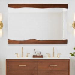 Tanmicoshomy Natural Wood Mirror 30x40 Inch, Asymmetrical Wooden Framed Rectangle Wall Mirror for Bathroom Vanity Bedroom Living Room, Vertical or Hor