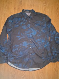 Robert Graham Flip Cuff Shirt XL Black Blue Floral Plants