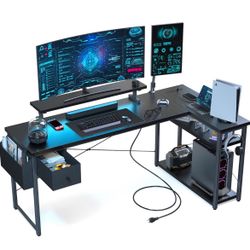 L Shaped Gaming Desk, 63 Inch Computer Desk with Adjustable Stand & RGB Lights, Corner Desk for Power Outlet