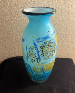 Vintage Italian Hand-Blown Art Glass Vase - Sky Blue Confetti Grid Mosaic Pattern, Flared Rim - Attributed to Maestri Vetrai / Azzurra