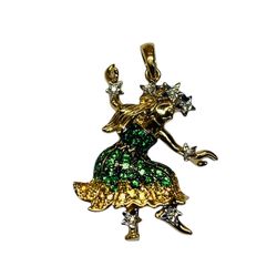 14K Gold Pendant with Dancing Hawaiian Fairy Lady, Diamond/Citrine/Peridot Chips, 1 x 1 in, Pre-owned