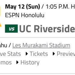 2 tix To UH Baseball Vs UC Riverside Sun May 12