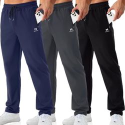 Mens Joggers with Zipper Pockets Open Bottom Sweatpants for Men 3 Pack Lightweight Track Pants Men for Workout,Gym