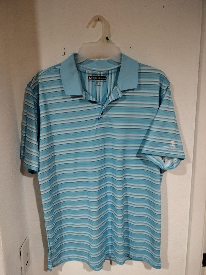 Pebble Beach Classic Cypress Tree Logo Golf Polo Shirt Light Blue Striped XL Great Condition used