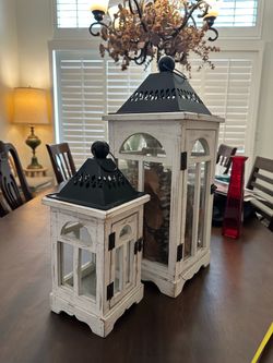 Rustic White Wood Lanterns Set of 2