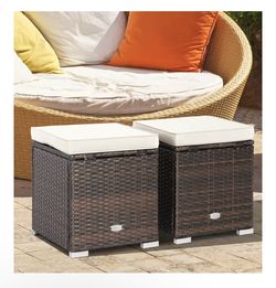 Tangkula 2 Pieces Patio Ottomans, Patiojoy Hand-Woven PE Rattan Side Table with Removable Cushion & Hidden Storage Space, Multifunctional Storage Box,