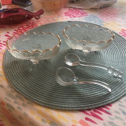 Two vintage Four Footed clear serving bowls with Glass Spoons 