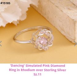 Lovely 'Dancing Diamond' in Pink, Set In Rhodium over Sterling Silver, Sz.11