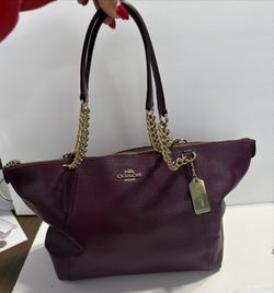 Coach Pebble Leather Tote Bag Dark Berry Purple