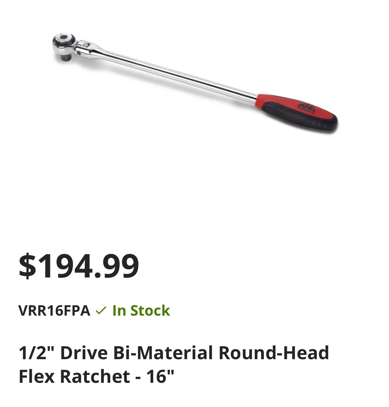 MAC 1/2” Drive Bi-Material Round-Head Flex Ratchet - 16” Long Neck