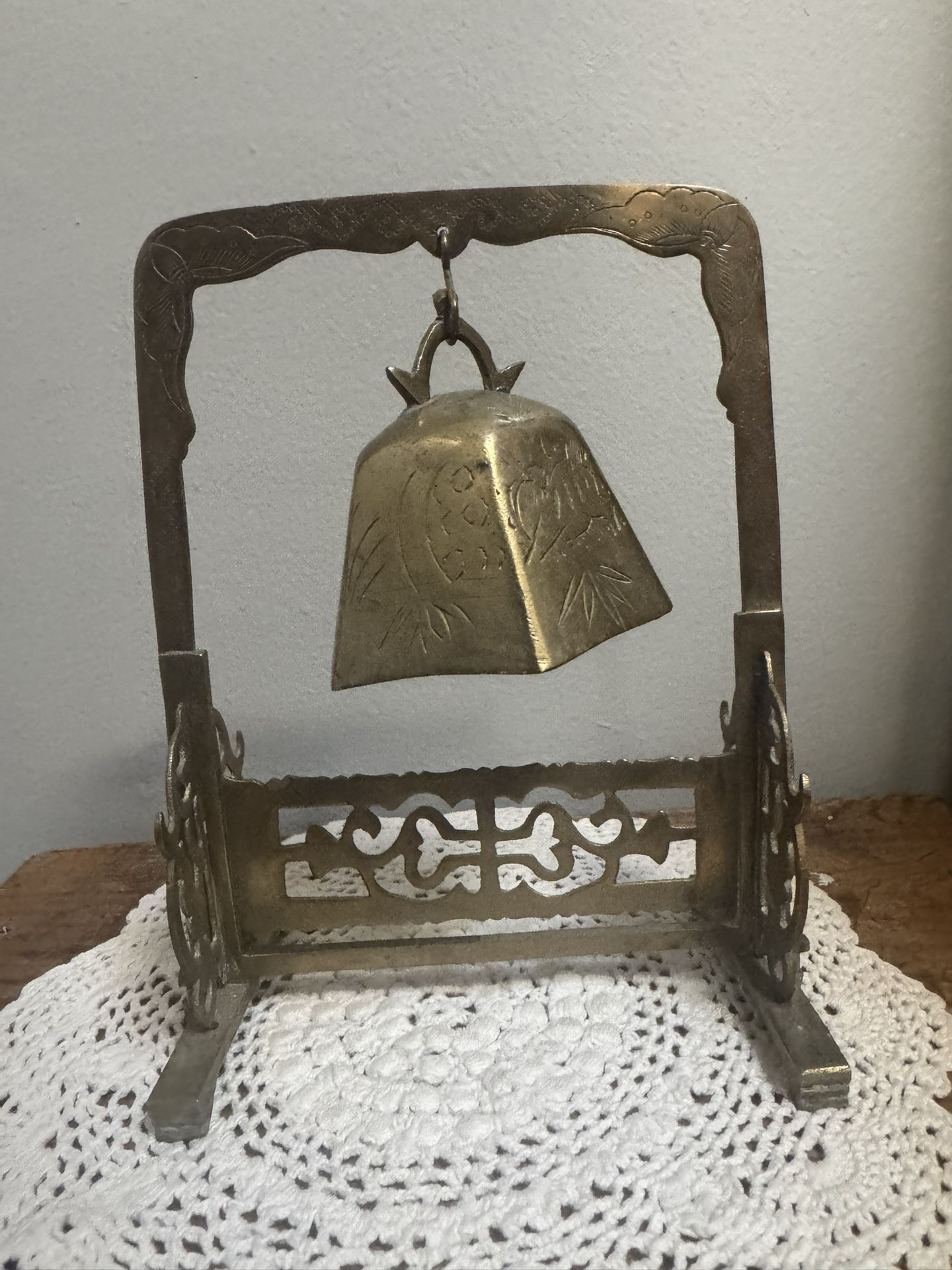 Vintage Asian Hanging Brass Bell On A Stand