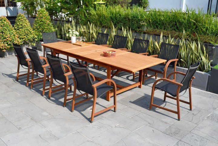 BRAND NEW FREE SHIPPING Rectangular Extendable Outdoor & Furniture 11 Piece 100% FSC Certified Wood Dining Set