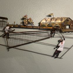 Brutalist metal Tennis Match wall hanging - excellent  Probably from the 70’s. Would make a nice addition to any man cave..  Measures approximately 30