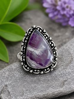 Teardrop Natural Chevron Amethyst Silver Ring Sz 8.5