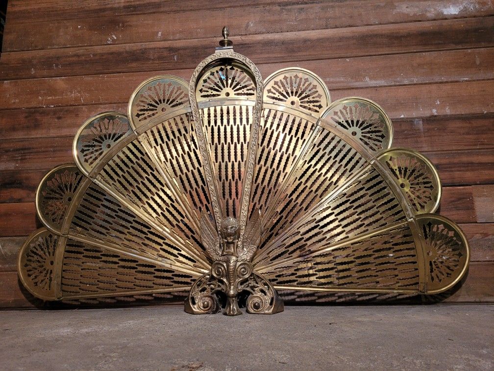 PENDING Vintage Brass Peacock Fireplace Screen