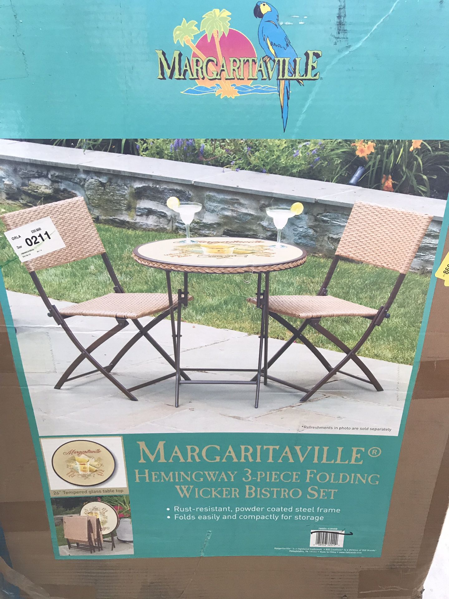 New Margaritaville Hemingway three piece folding wicker bistro set outdoor patio furniture 2 chairs with round table jimmy buffet for Sale in Delray