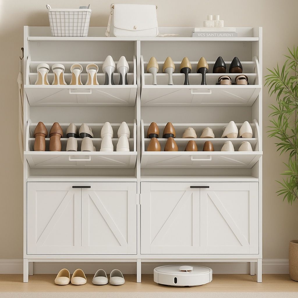 New Shoe Cabinet with 6 Flip Drawers, Freestanding Hidden Shoe Storage Organizer for Entryway, Narrow Slim Shoe Rack Cabinet with Open Storage & Hooks