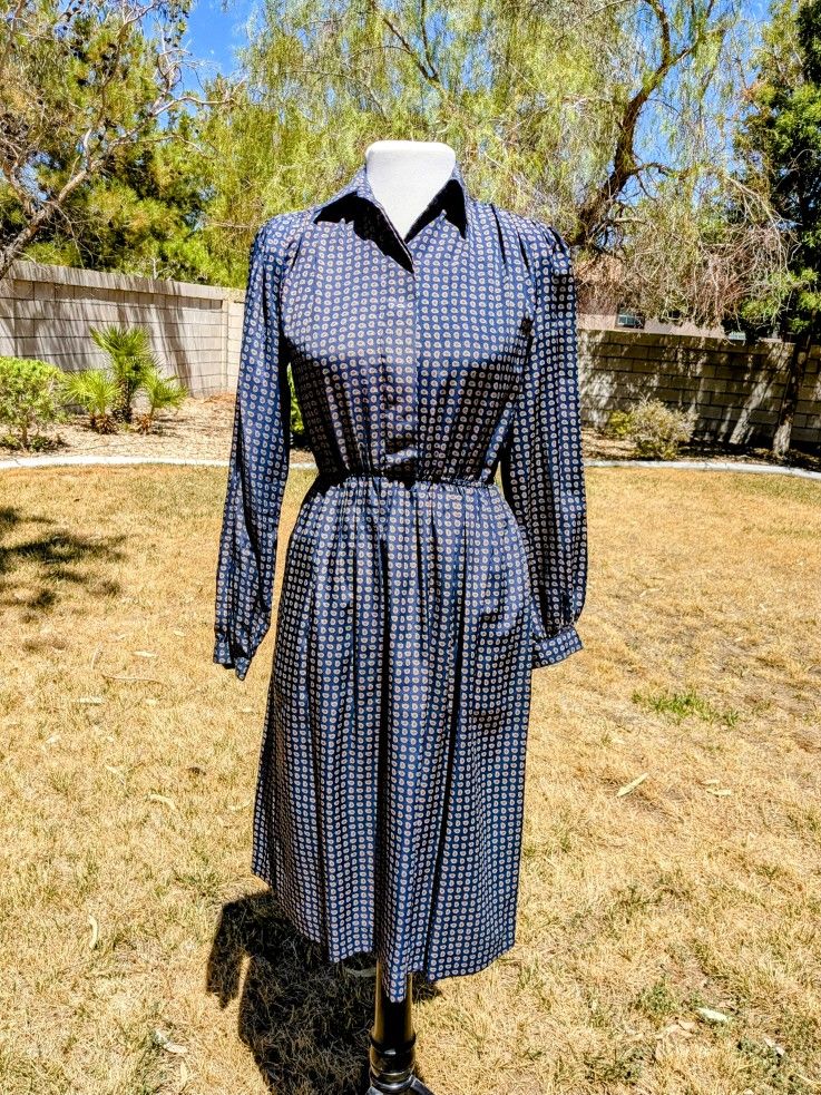 Vintage 1980s Navy Paisley Print Talbots Petites 2P Midi Blouson L/S Dress EUC