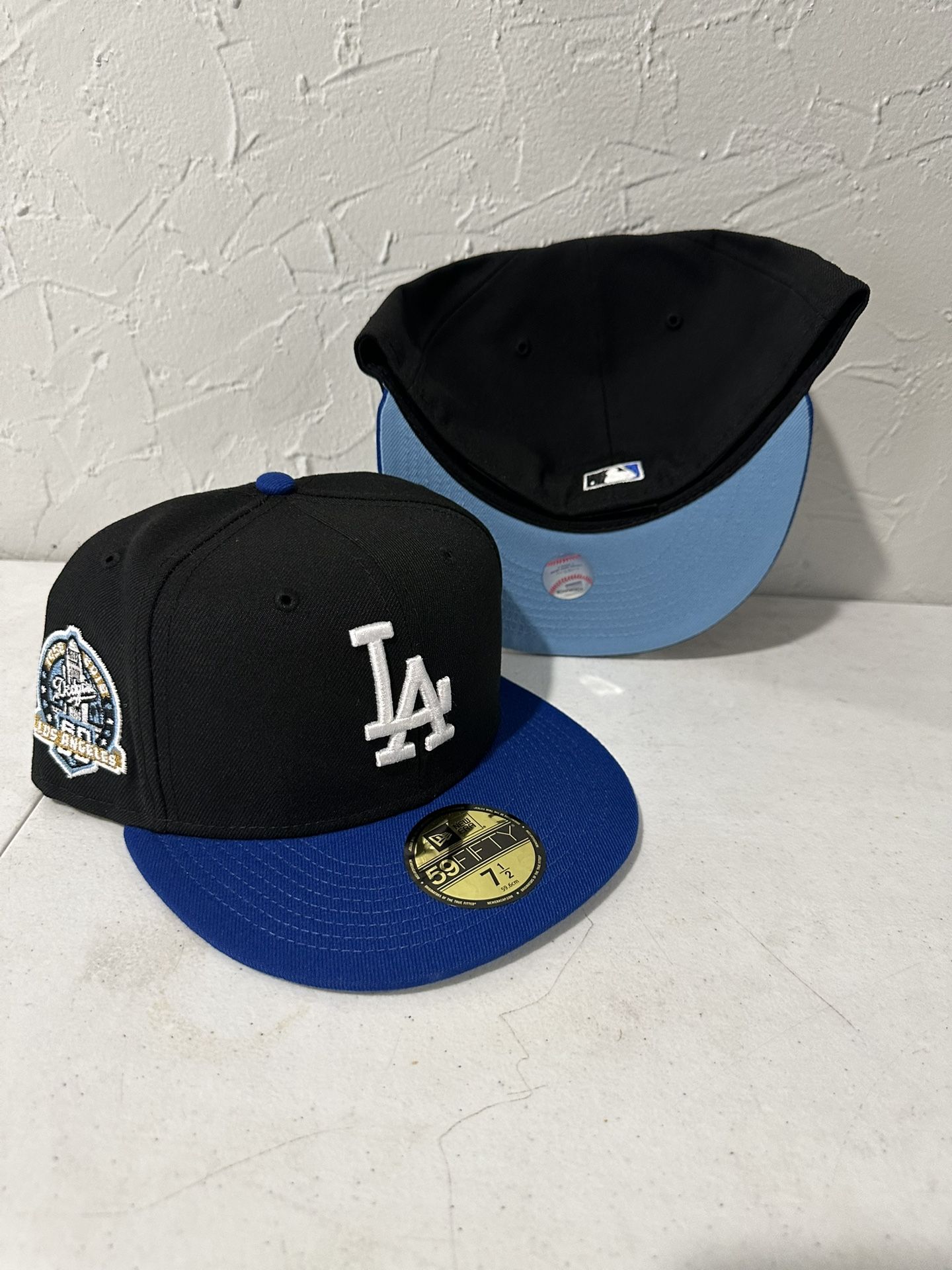 MLB New Era Los Angeles Dodgers Black Blue Brim 60th Anniversary Patch 59fifty Fitted Hats Size  7 1/8,  7 1/4 And 7 3/8 