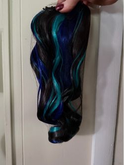 New Wavy Clip-In Ponytail Extension – Black with Teal & Royal Blue