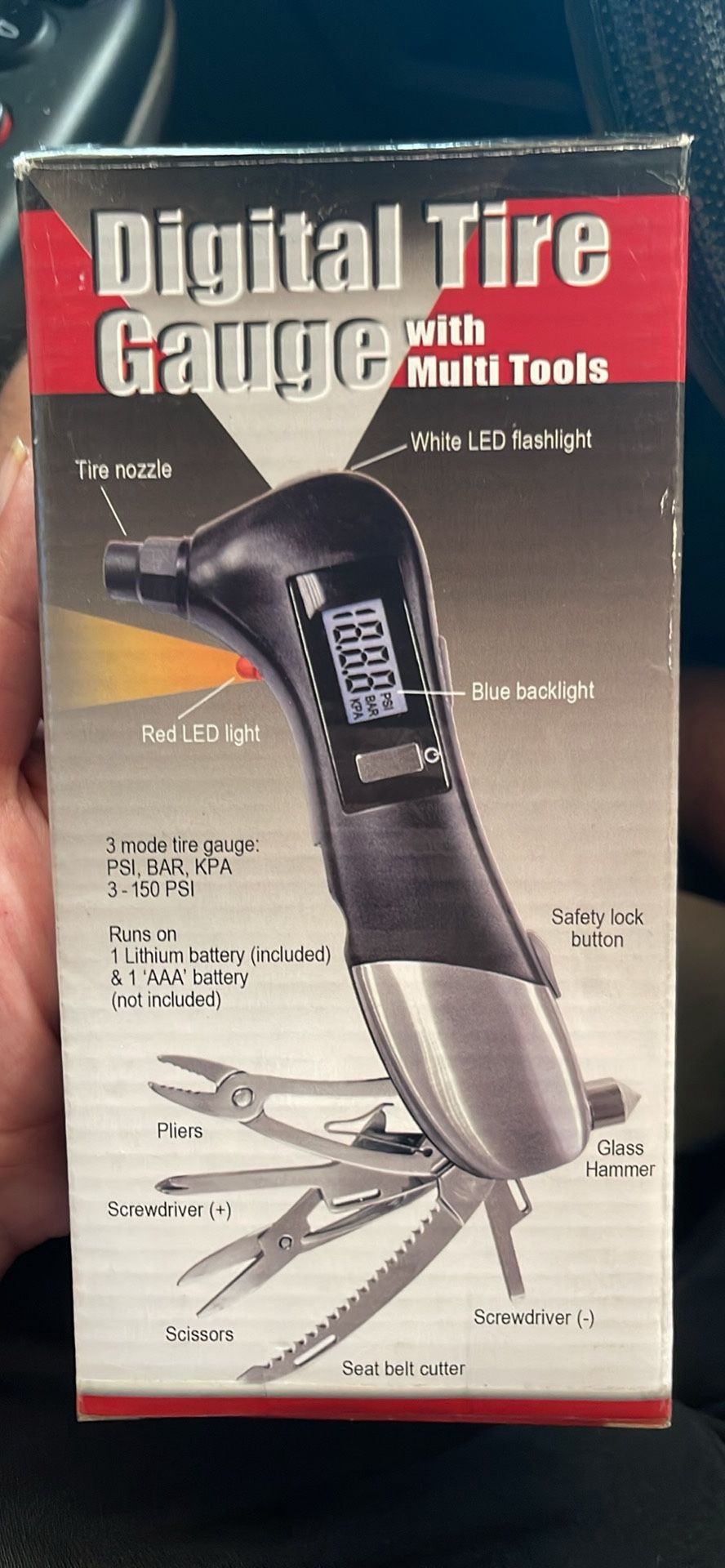 Digital Tire Pressure Gauge with Multi Tools, Glass Window Hammer & Flashlight