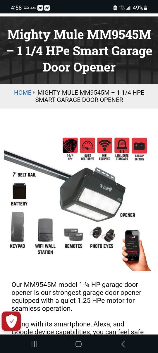 Mighty Mule MM9545M – 1 1/4 HPe Smart Garage Door Opener $250