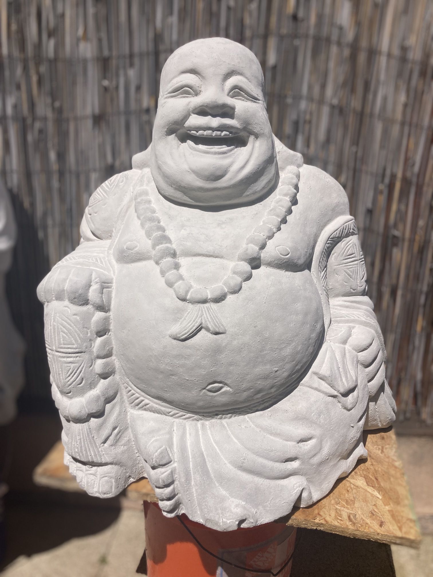 Happy Buddha Statue xxl 24”/ natural concrete Spiritual Yoga Meditation Zen