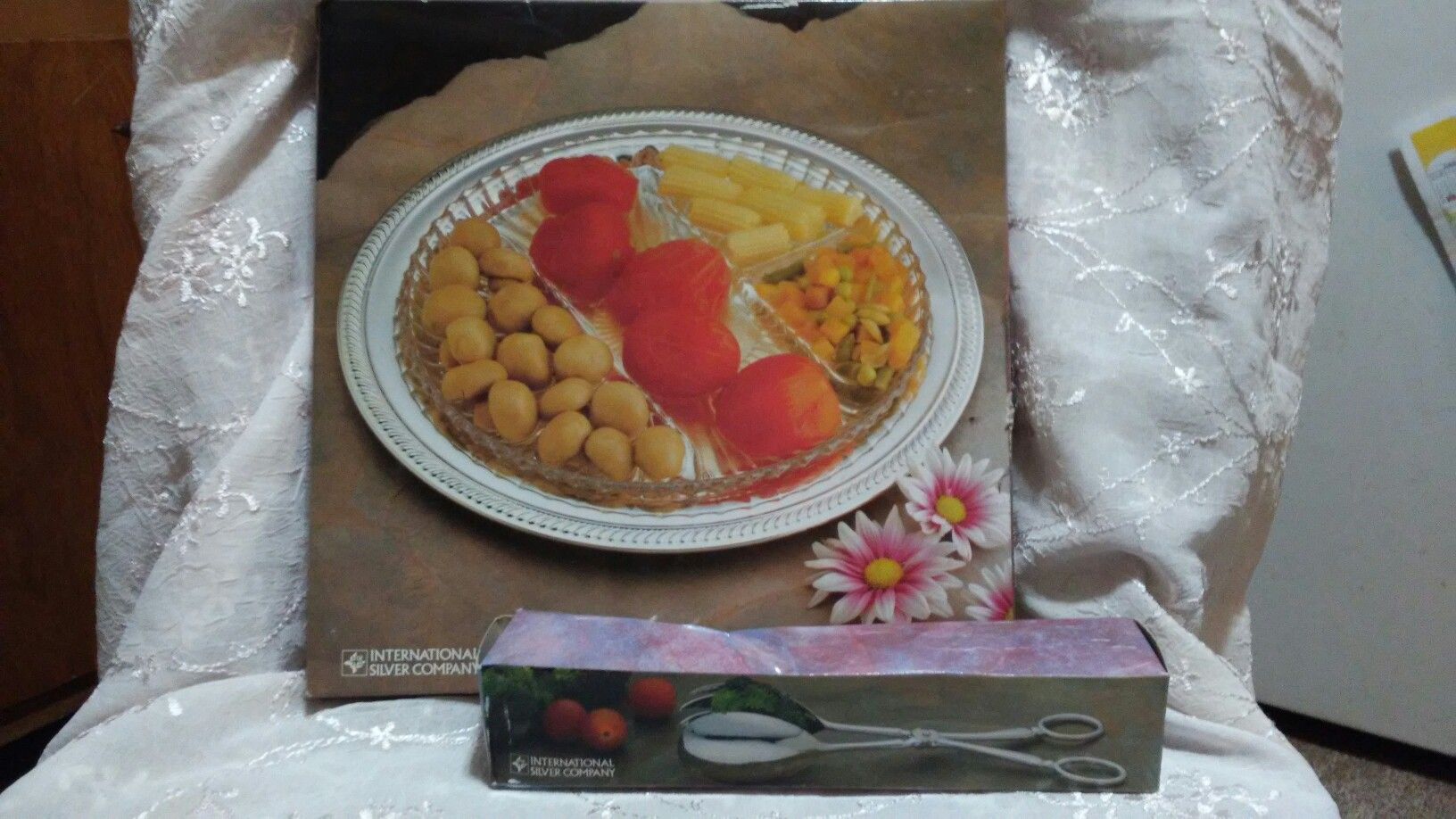 Antique silver plated relish plate and salad tongs