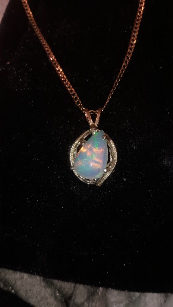 14k solid gold feathered with certified natural untreated crystal fire opal, pendant