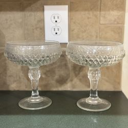 Set of 2 vintage Diamond Point Indiana Glass Footed Compote Clear Crystal Flashing Colony