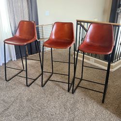 Set of 3 Roadhouse Saddle Leather Bar Stools with Metal Legs