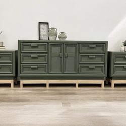 Green Dresser & Nightstands Set - Fluting Detail + Wood Base