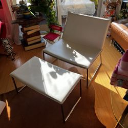 CB2 Triumph Chalk Leather Lounge Chair and Matching Ottoman - Vintage Accent Chair