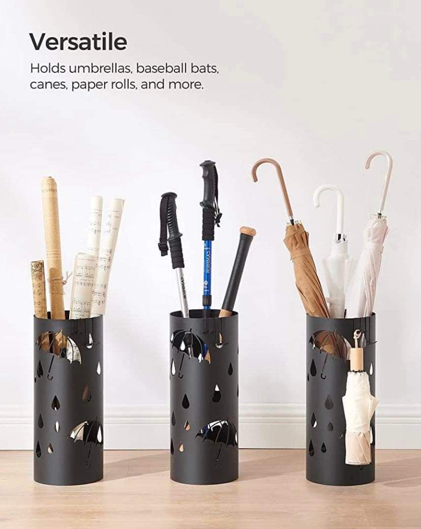 SONGMICS Umbrella Holder, Umbrella Stand for Entryway, Steel Umbrella Rack with a Removable Drip Tray and 4 Hooks, 6.7 Dia. x 16.1 Inches, Black