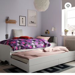 Bed frame w/pull-out bed + storage, white, Twin