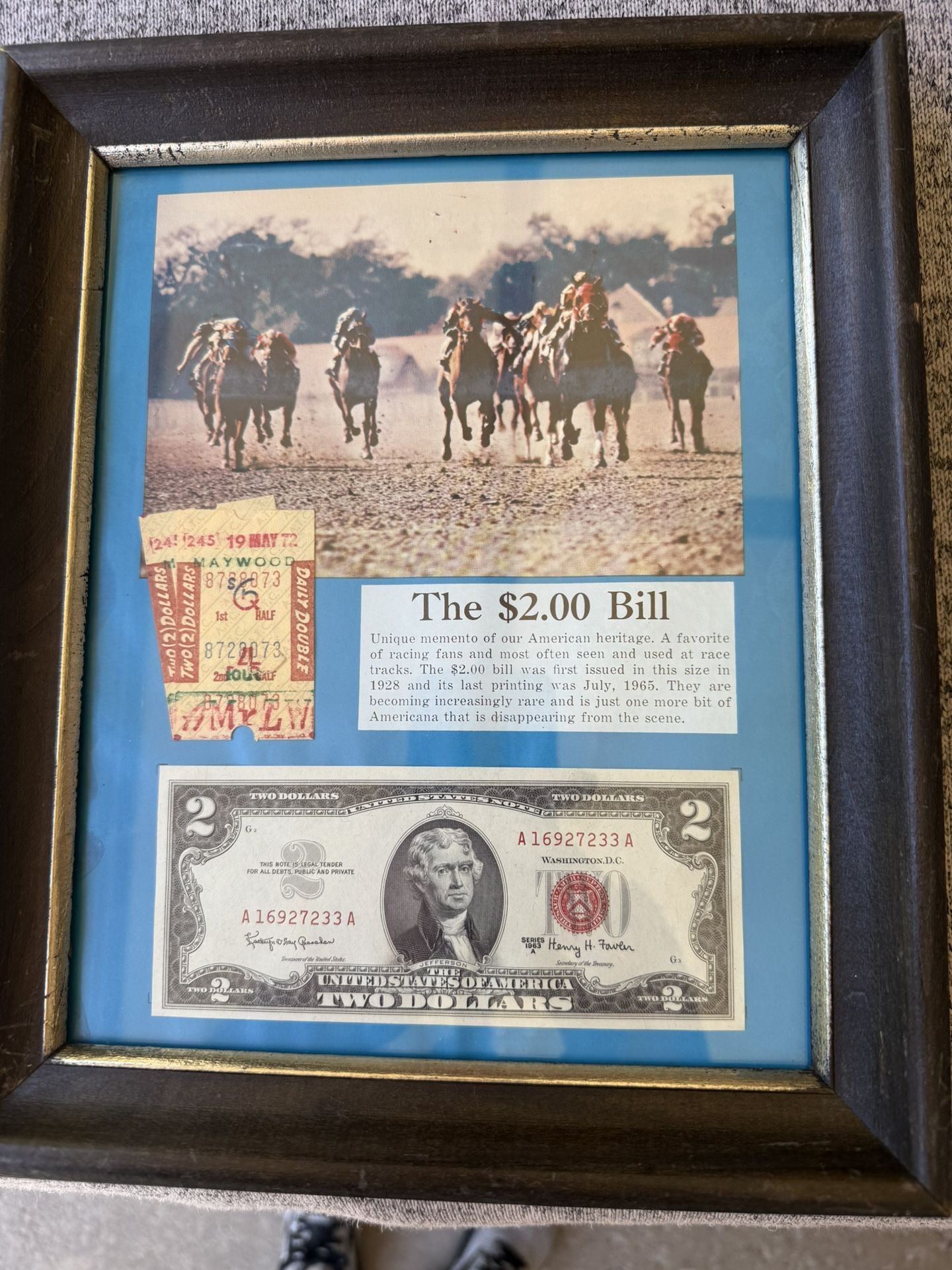 VINTAGE FRAMED 2.DOLLAR BILL With 1972 Maywood Tickets