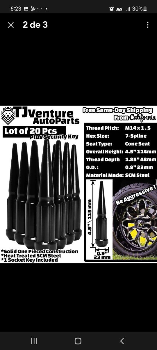 20 PC Black 4.5" Spline 14x1.5 Spike Lug Nut+key