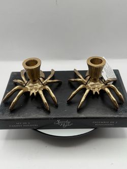 Set Of Two Brass Spider Candle Holders By Spooky Night 2.5”T, 4.25”W, 5”L -NWT-