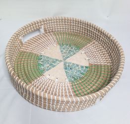 Halinh rattan & bamboo co. Wicker double handle tray with tile center
