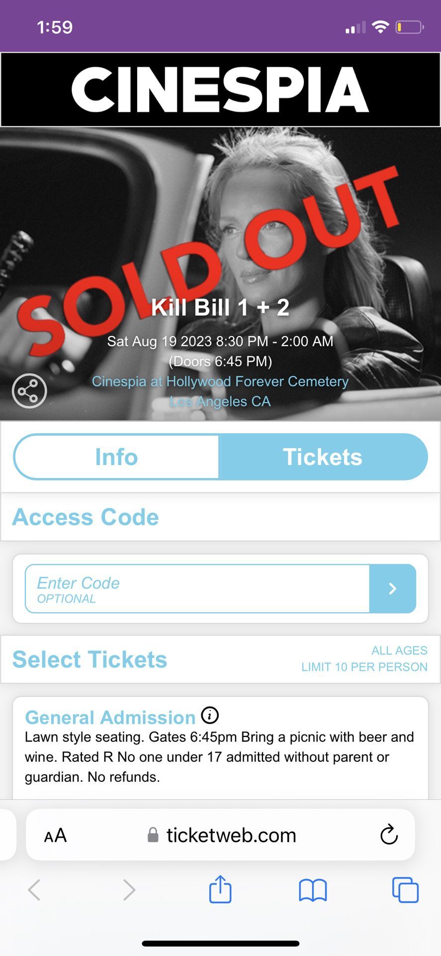 Cinespia KILL BILL 1&2 (Cinespia Slumber Party) 8.19.23