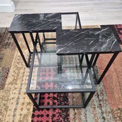 Living Room Table Set — Glass Coffee Table + 2 Marble-Top C-Tables