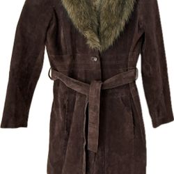 Wilsons Leather Penny Lane Brown Suede Long Belted Suede Coat 