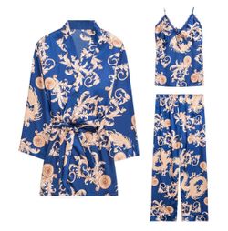 Women'S Dragon Pattern Floral Print Silky Pj Sets Sleepwear
